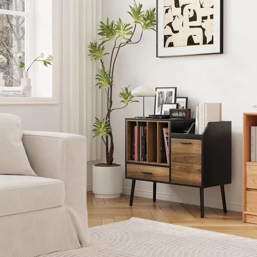 Miniatura 5 de Semiocthome Soporte para tocadiscos con caja de almacenamiento de vinilo anidable, mesa de tocadiscos con cajón, un gabinete, área de almacenamiento