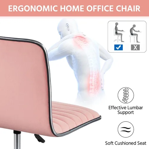 Miniatura 6 de Yaheetech Silla de tocador de respaldo bajo sin brazos de terciopelo acanalado, altura ajustable, giratoria, para oficina, color rosa albaricoque