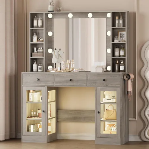 Miniatura 11 de Wodeer Pequeño escritorio de maquillaje con espejo y luces, tocador con armario de cristal, luces LED y toma de corriente, cajón y gabinetes