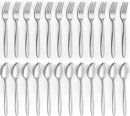 Unokit Juego de cubiertos de tenedores y cucharas, 24 piezas de cubiertos de acero inoxidable de grado alimenticio para el hogar, cocina y