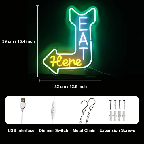 Miniatura 3 de Letrero de neón con texto en inglés "Eat Here", para decoración de pared con orientación de flecha, verde, naranja, blanco, para comer, regulable