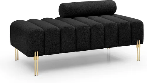 Miniatura 8 de Holaki Banco moderno de 53.2 pulgadas, cómodo sofá tapizado de tela sherpa, de 2 plazas, reposapiés, banco otomano con patas de metal dorado y Negro
