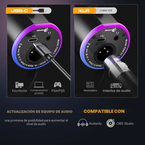 Miniatura 5 de PUPGSIS - Micrófono de podcast XLR/USB, micrófono para juegos con botón de silencio, efectos de reverberación, cancelación de ruido, soporte