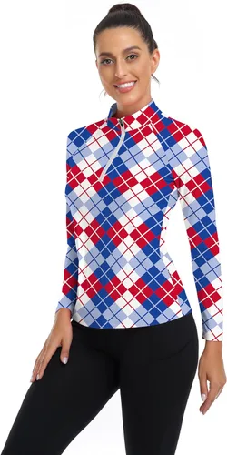 Miniatura 31 de WOWENY Camiseta deportiva de manga larga para mujer, con cremallera de un cuarto, cuello para entrenamiento, camiseta de tenis con estampado