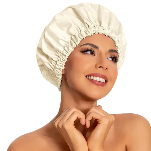 Miniatura 31 de Gorro de ducha reutilizable para mujer, grande, impermeable, lavable, banda elástica, accesorios de baño, sombrero para cabello largo, trenzas Beige