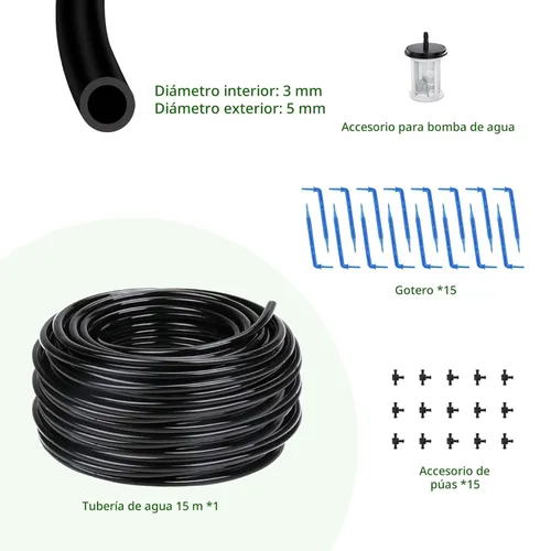 Miniatura 2 de Kit de accesorios de riego por goteo solar, tubo de 49 pies, kit de accesorios extra de riego por goteo, 15 adaptadores en T y 15 goteros