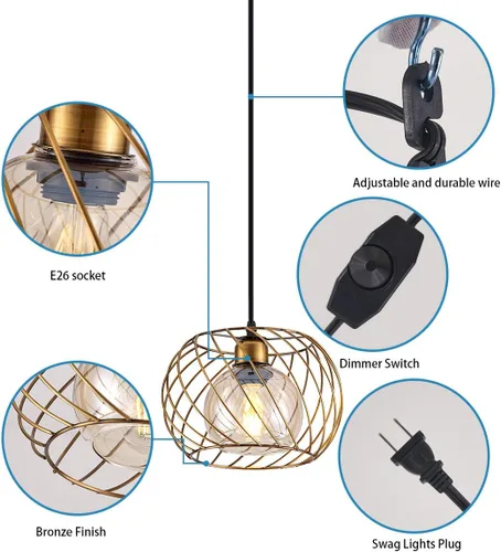 Miniatura 7 de YLONG-ZS Lámparas colgantes de vidrio pequeñas doradas, iluminación colgante regulable enchufable para dormitorio y sala de estar, cable de 16 pies