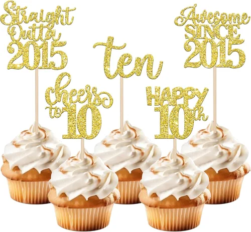 Miniatura 26 de Paquete de 30 adornos para cupcakes de 10º cumpleaños con purpurina recta hacia fuera de 2016, Happy 10th Ten Awesome Since 2016, 10 fabulosas