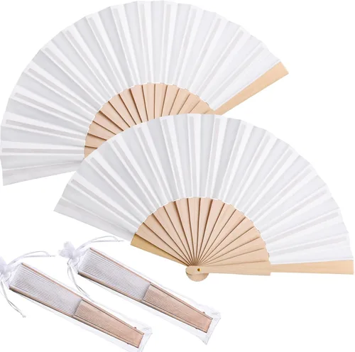 Miniatura 11 de Chuangdi Paquete de 2 abanicos de mano plegables de tela chinos de 8.27 pulgadas, ventiladores japoneses portátiles con bolsas con cordón