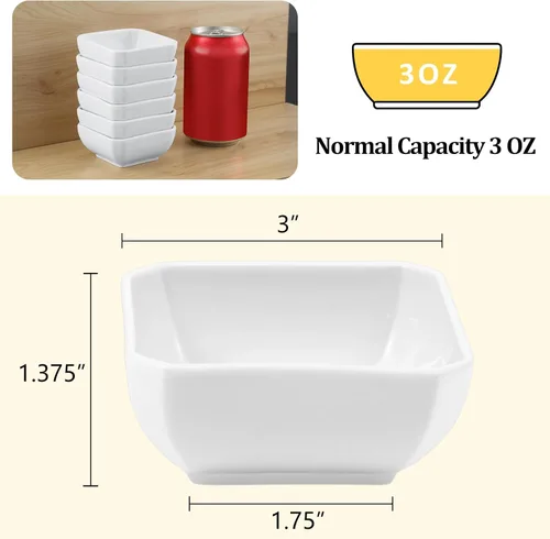 Miniatura 2 de Juego de 6 cuencos cuadrados de 3 onzas, platos de cerámica blanca, mini cuencos para condimentos para salsa de soja, sushi, barbacoa, ketchup