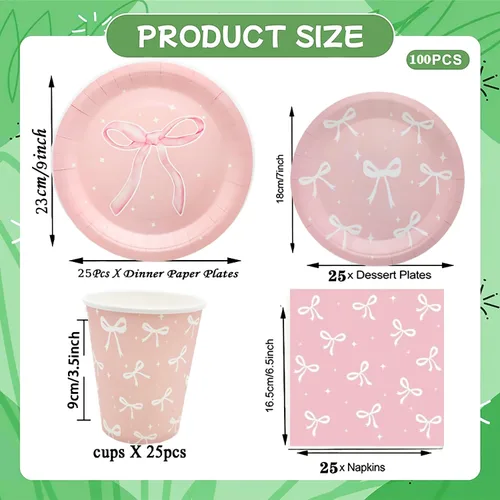 Miniatura 6 de 100 piezas de suministros para fiesta de cumpleaños con lazo rosa, juego de vajilla de lazo rosa de 9 y 7 pulgadas, platos de lazo rosa, tazas