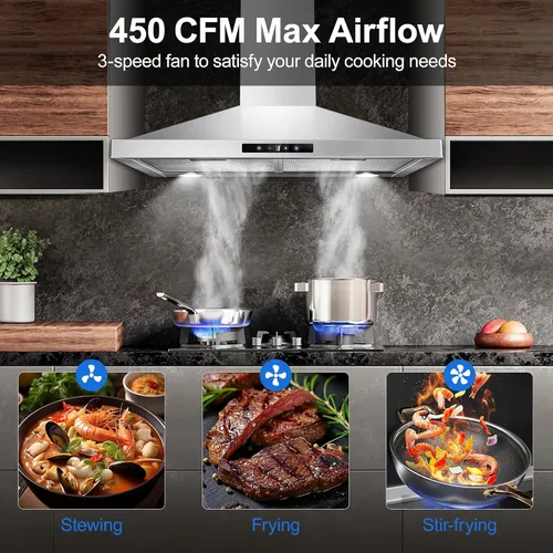Miniatura 3 de Tieasy Campana extractora de 30 pulgadas para montaje en pared, campana de ventilación de cocina de 450 CFM en acero inoxidable, campana