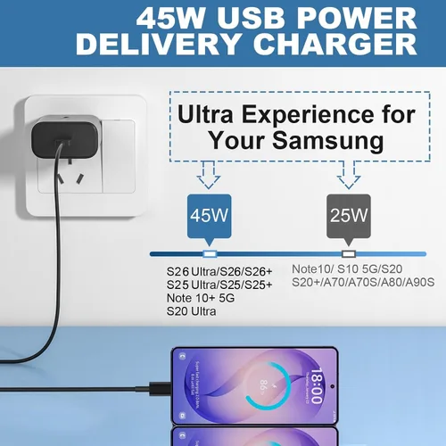 Miniatura 3 de Cargador USB C súper rápido Samsung de 45 W, bloque de cargador USB C de 45 W con cable de carga rápida de teléfono Android de 12 pies para Samsung