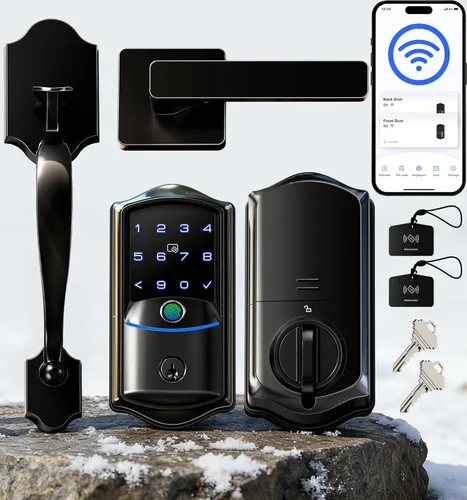 Veise VE027-H - Cerradura inteligente de huella digital Wi-Fi integrada con manija, control remoto de aplicación y control de voz, juego de Negro