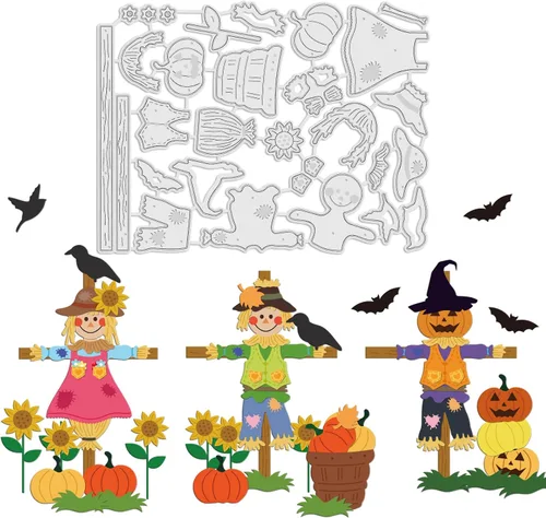 GLOBLELAND Troqueles de espantapájaros de Halloween, corte de girasol y cuervos, troqueles de calabaza para bricolaje álbumes de recortes, día de
