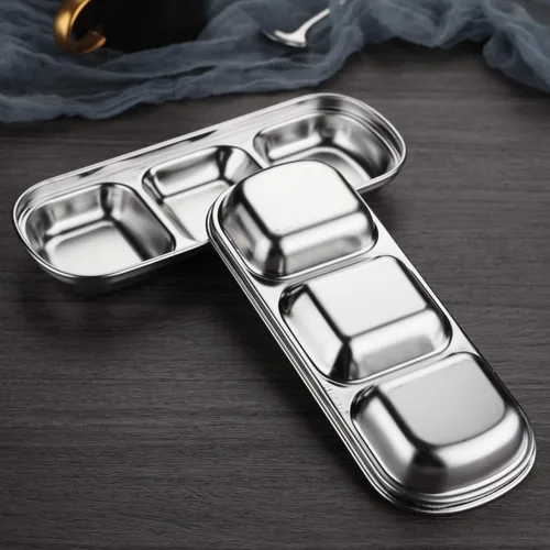 Miniatura 4 de 3 cuencos de acero inoxidable para salsa de soja, 3 rejillas divididas, platos de acompañamiento para salsa de soja, salsa de tomate, condimentos