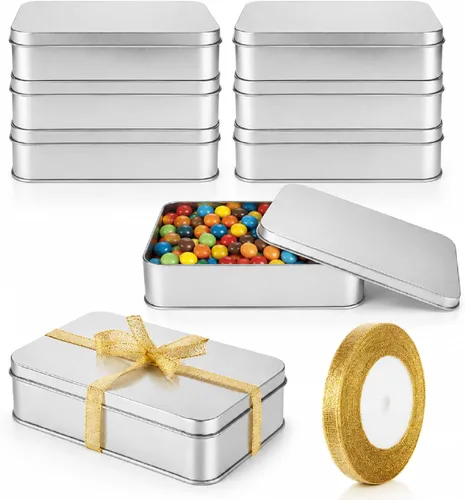 Paquete de 8 cajas de latas de metal vacías con tapa, latas de galletas rectangulares de metal plateado para golosinas, regalos, regalos, velas y