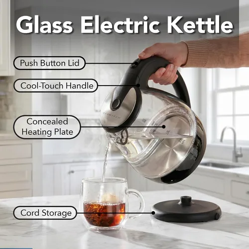 Miniatura 3 de OVENTE Hervidor eléctrico de vidrio de 1.5 L con luz LED azul, calentador de agua de encimera iluminado de 1100 W y caldera para café o té, apagado