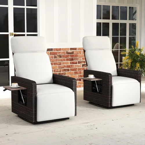 Miniatura 11 de kinbor Silla reclinable para exteriores, silla giratoria de 360° con respaldo alto para patio, con mesa auxiliar abatible, cojín extraíble y Beige-1