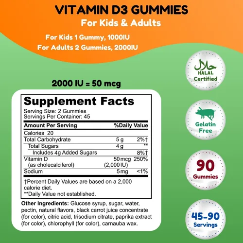 Miniatura 2 de SHIFAA NUTRITION Gomitas vegetarianas de vitamina D3 para adultos y niños 45-90 porciones, 2,000 UI/1,000 UI Sin OMG, sin gluten, sin gelatina