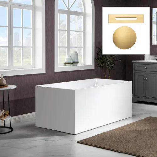 WOODBRIDGE Bañera de acrílico independiente de 67 pulgadas, bañera blanca de remojo contemporáneo con desbordamiento y drenaje de oro cepillado,