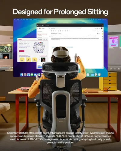 Miniatura 8 de Hbada E3 Pro 2026 Edition Silla de oficina ergonómica, silla de escritorio de malla con soporte lumbar flotante de 3 zonas, reposacabezas 4D Negro