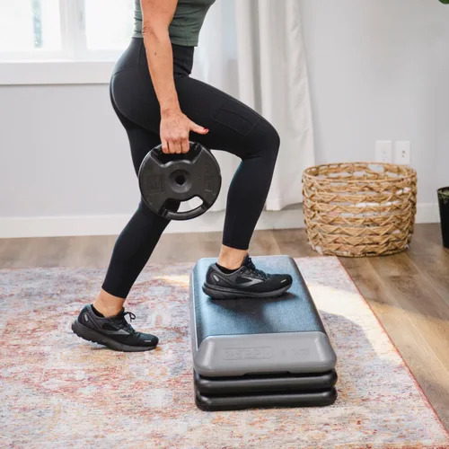 Miniatura 8 de La Plataforma de Ejercicio STEP Original, Escalón de Tamaño de Gimnasio para Ejercicio en Casa con 4 Elevadores Apilables para Ajustes de Altura Gris