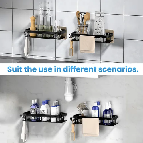 Miniatura 7 de Paquete de 2 organizadores de ducha adhesivos, estantes de ducha de aluminio negro inoxidable con barras de toalla y ganchos, organizadores de baño