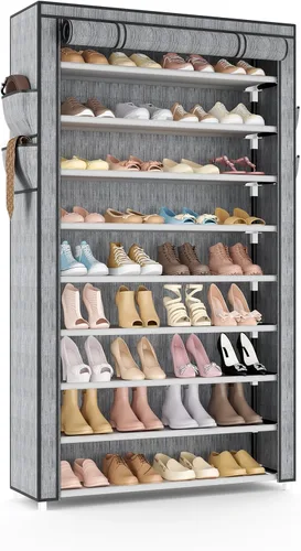 Miniatura 15 de VILICK - Zapatero con cubierta, organizador de zapatos estrecho con 4 bolsillos laterales, estante alto de 10 niveles, almacenamiento para 18-22