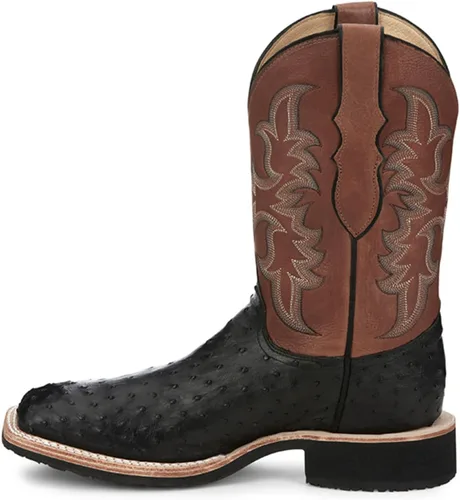 Justin Boots Botas vaqueras AQHA Drover Black Full Quill Avestruz de 11 pulgadas de roble con suela superior de crepé