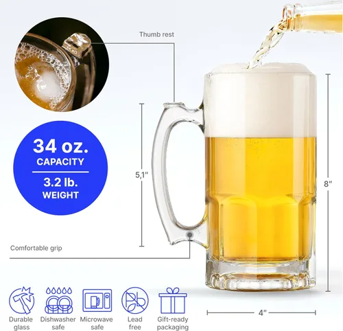 Miniatura 2 de Jarra de Cerveza de Vidrio con Asa – 34 onzas líquidas / 1L – Jarra de Cerveza Grande y Pesada para Cerveza de Raíz – Mejor Regalo para Hombres