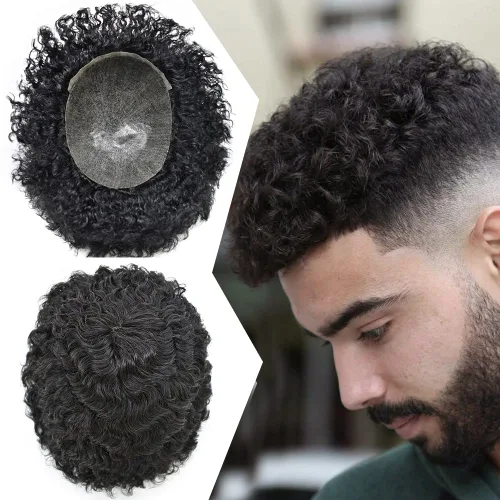 Miniatura 9 de Afro Toupee para hombres negros, piel de polietileno completa, onda de inyección de poliuretano, sistema de repuesto de cabello humano afroamericano