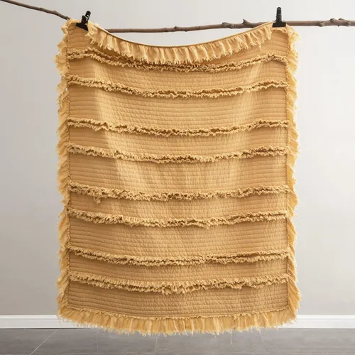 Miniatura 5 de Manta acolchada ultra suave y prelavada de tamaño individual color amarillo bohemio para cama, manta decorativa con flecos con volantes, manta