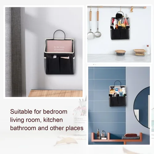 Miniatura 3 de LYroo Paquete de 2 cestas organizadoras negras para colgar en la pared con bolsillos para baño, dormitorio, cocina, dormitorio, artículos esenciales