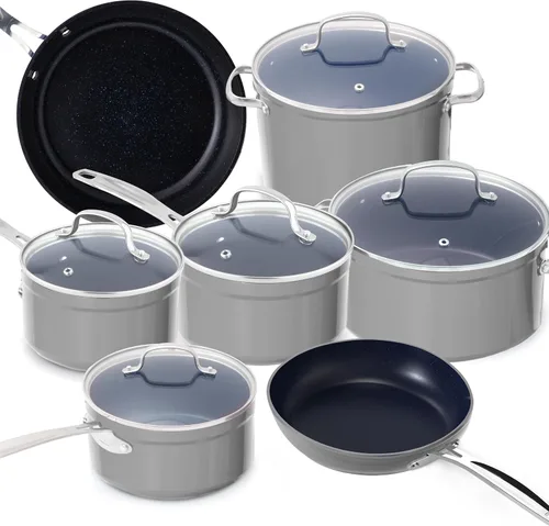 Miniatura 18 de Nuwave - Juego de 12 utensilios de cocina forjados y ligeros, revestimiento ultra antiadherente de cerámica Duralon G10 saludable, tapas de vidrio