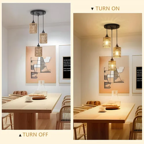 Miniatura 2 de LAMSU Lámpara colgante de 3 luces de ratán, accesorios de iluminación de techo estilo granja para comedor, lámpara colgante estilo boho
