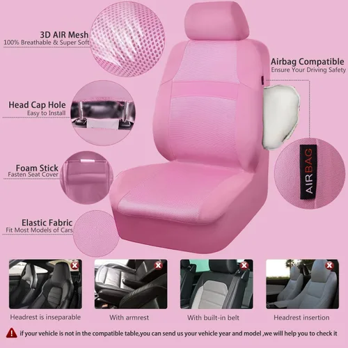Miniatura 2 de CAR PASS Juego completo de fundas de asiento de coche rosa, funda de asiento de malla transpirable para el verano con esponja de 5 mm, bolsa de aire