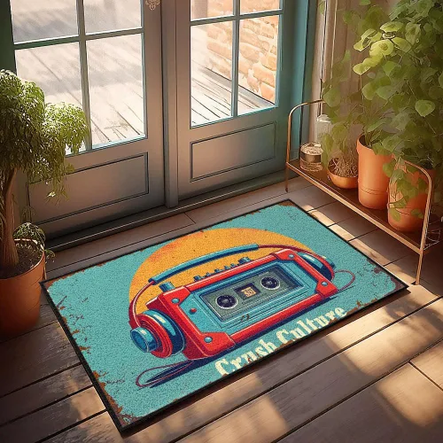 Tapete para puerta de entrada al aire libre, divertido boombox vintage con auriculares contra un vibrante telón de fondo, tapete rústico para