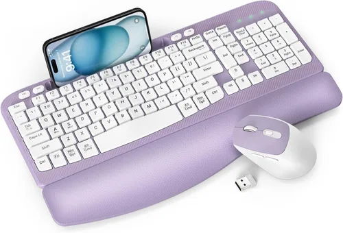 Combo de teclado y mouse inalámbrico, teclado ergonómico de tamaño completo con teclas de onda, reposa muñeca acolchado, soporte para teléfono,
