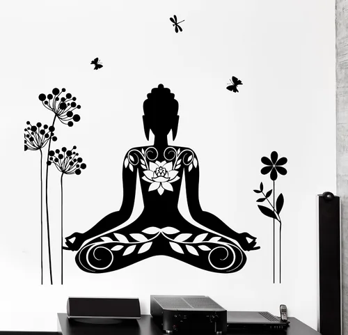 Miniatura 3 de Adhesivo de pared Buda Meditación Mantra Flor Mariposa Yoga Vinilo Calcomanía (z2892) M 22.5 in X 26 in Negro
