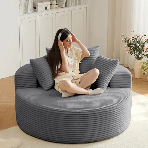 Miniatura 19 de Silla redonda de gran tamaño de 55 pulgadas, tumbona para interiores, silla circular grande sin hueso con pana de felpa, no requiere montaje, sofá