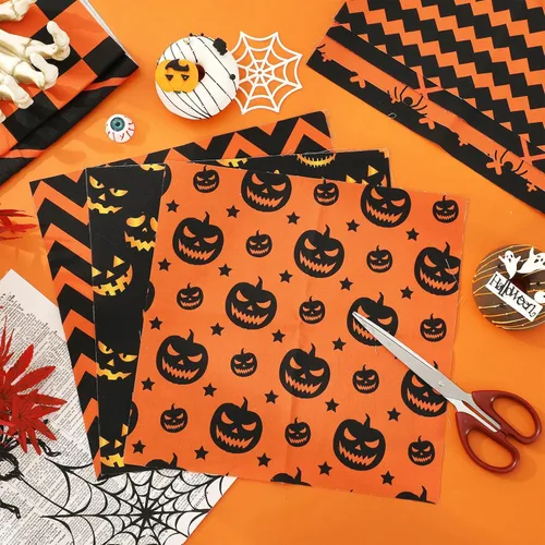 Miniatura 4 de Whaline 12 paquetes de tela de algodón de Halloween de 10 x 10 pulgadas, araña, calabaza, murciélago, rayas, cuadros, cuadrados, naranja y negro