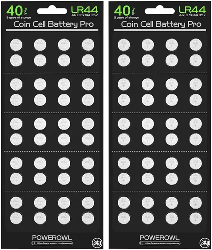 Miniatura 8 de POWEROWL Baterías LR44 de alta capacidad, paquete de 40 unidades, L1154F AG13 357 303 SR44 A76, pilas alcalinas de primera calidad con botón de 1,5 V