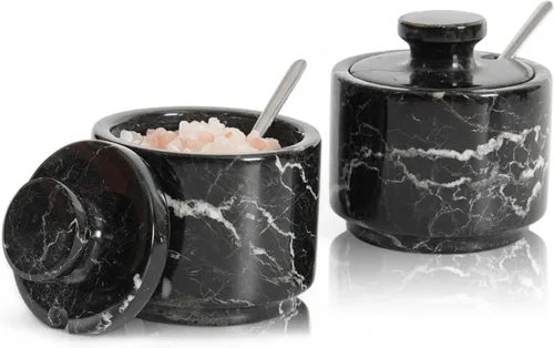 MARBLOUS KRAFTS Salero de Mármol con Tapa y Cuchara 3" Caja de Sal Navideña Escamosa Cebra Negra para Regalo, Juego Pequeño Moderno de 2 Negro