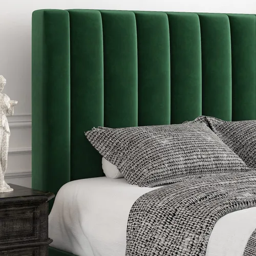 Miniatura 3 de Allewie - Base de cama tamaño King con cabecera acolchada tapizada en terciopelo y diseño acanalado vertical; plataforma de cama con resistentes