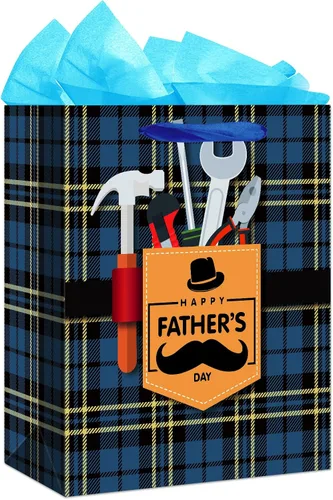 WaaHome Bolsa de regalo para el día del padre para papá, con papel de seda y asa, 13 x 10.5 x 5.8 pulgadas, bolsa de regalo grande azul para el día