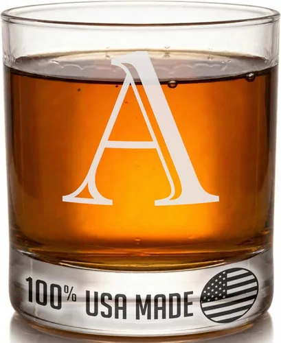 Vaso de whisky Rocks con monograma grabado de 11 onzas (letra A), regalos de bourbon personalizados de la A-Z para hombres, día del padre, vaso de