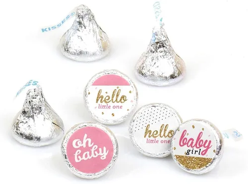Big Dot of Happiness Hello Little One - Calcomanías redondas para fiesta de baby shower, color rosa y dorado, para fiesta de baby shower, color