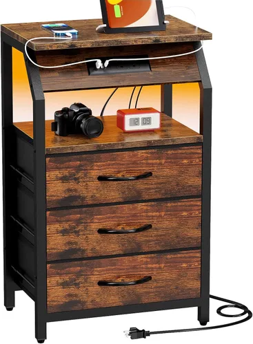 Miniatura 14 de SZLHANJZ Mesa auxiliar con luz, mesita de noche LED con 2 cajones y estación de carga tipo C, mesita de noche de tela pequeña para mesita de noche