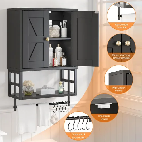 Miniatura 5 de Gabinete de Medicina de Granja - Organizador de Almacenamiento de 3 Niveles Montado en Pared con Estantes Ajustables, Barra para Toallas, 5 Ganchos